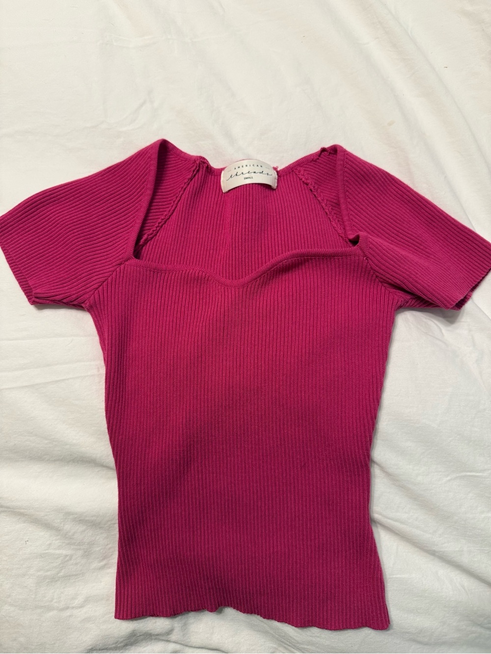 American Threads Ribbed Square-Neck Short Sleeve Top - Fuchsia